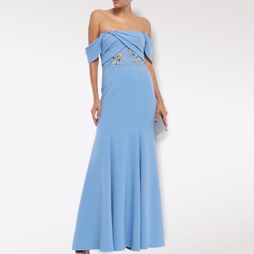 Marchesa Notte x BHLDN Shelly 12 / Lg Blue Crepe Embellished Off Shoulder Gown
